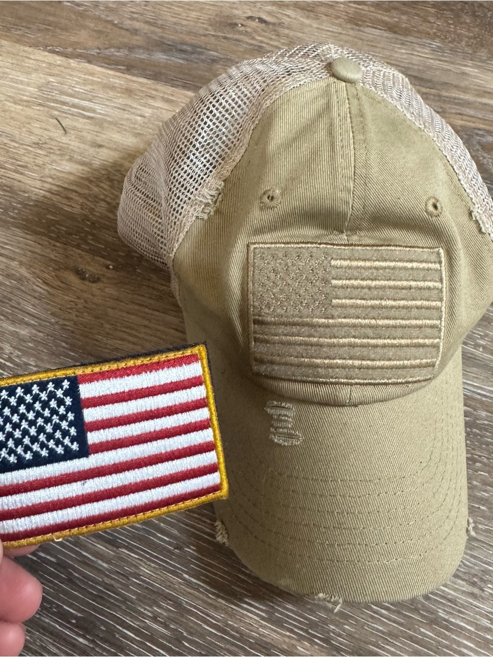 Tan American flag trucker hat with removable patch